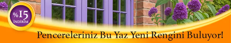 PVC boyasıyla boyanmış mor pencere ve çiçekli yaz kampanyası banner görseli
